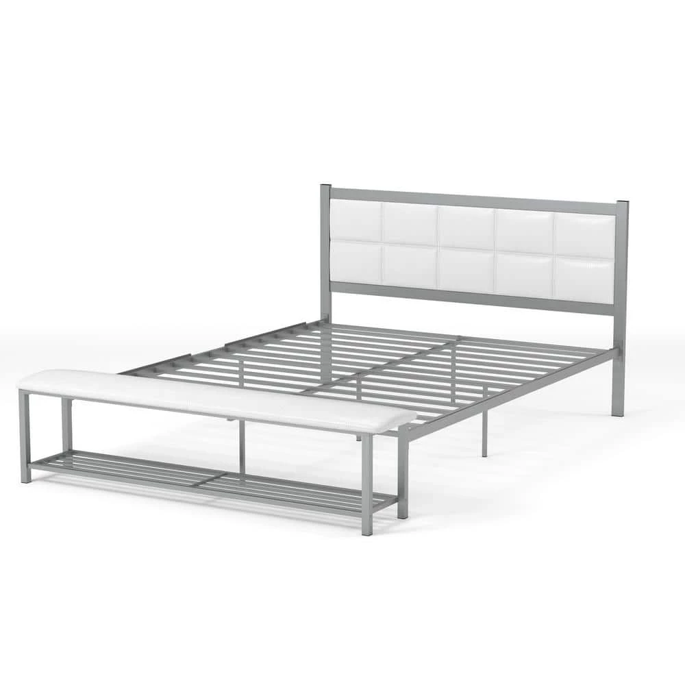 Karina White and Silver Queen Metal Platform Bed with Attached Bench by Furniture of America 1 Karina White and Silver Queen Metal Platform Bed with Attached Bench by Furniture of America