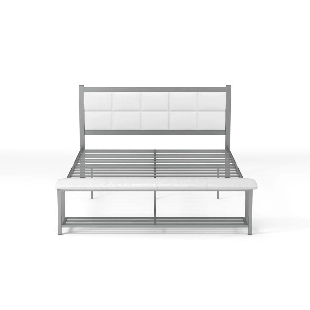 Karina White and Silver Queen Metal Platform Bed with Attached Bench by Furniture of America 3 Karina White and Silver Queen Metal Platform Bed with Attached Bench by Furniture of America - Image 3