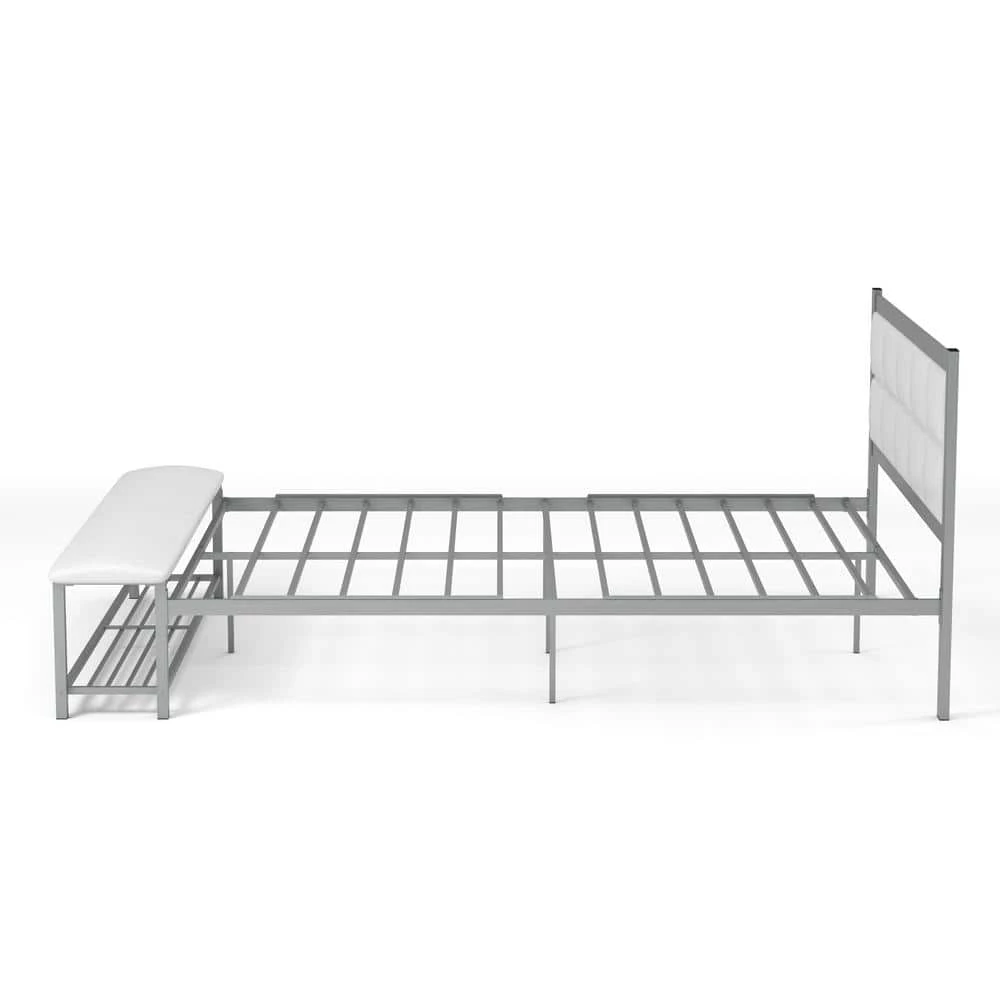 Karina White and Silver Queen Metal Platform Bed with Attached Bench by Furniture of America 2 Karina White and Silver Queen Metal Platform Bed with Attached Bench by Furniture of America - Image 2