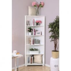 Paggie 78 in. White Wood 6-Shelf Accent Corner Bookcase by Furniture of America -Furniture of America Sales Store white furniture of america bookcases bookshelves idf ac806wh 31 1000