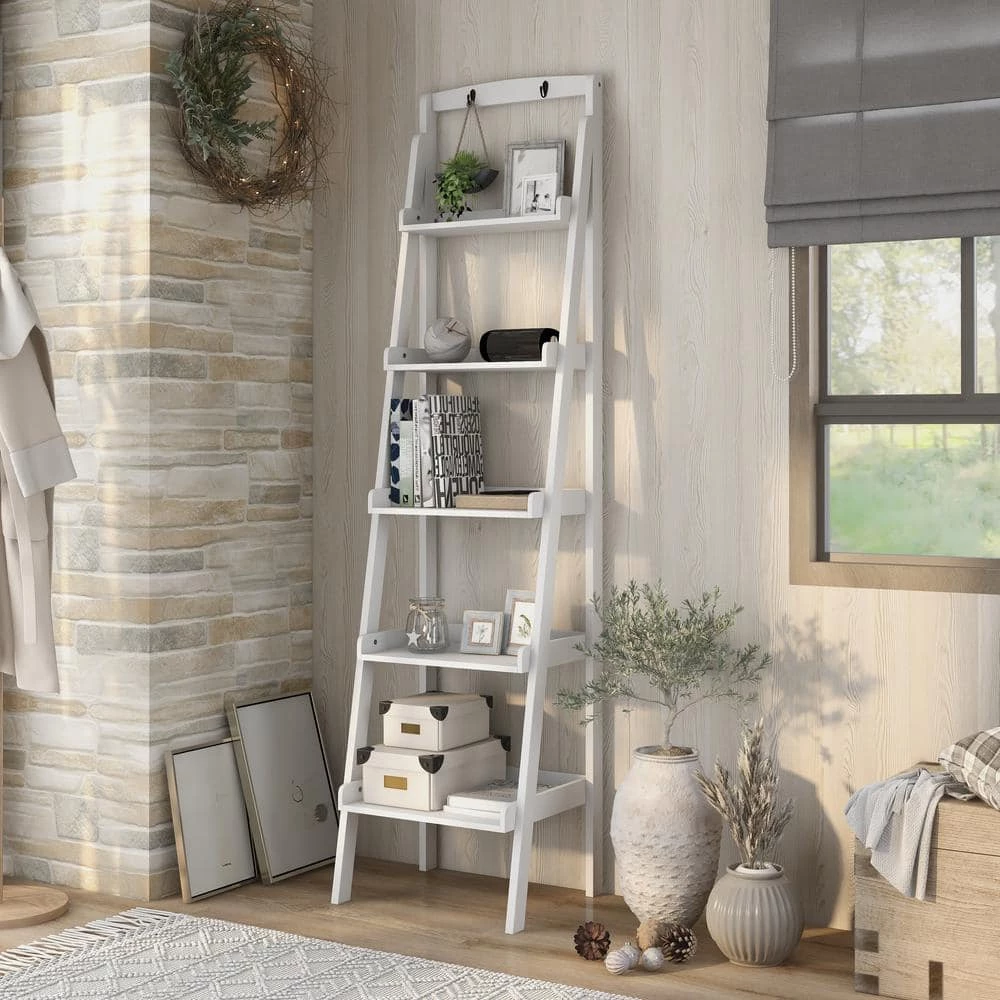 Nicole 70.87 in. White Wood 5-shelf Ladder Bookcase with Open Back by Furniture of America 1 Nicole 70.87 in. White Wood 5-shelf Ladder Bookcase with Open Back by Furniture of America