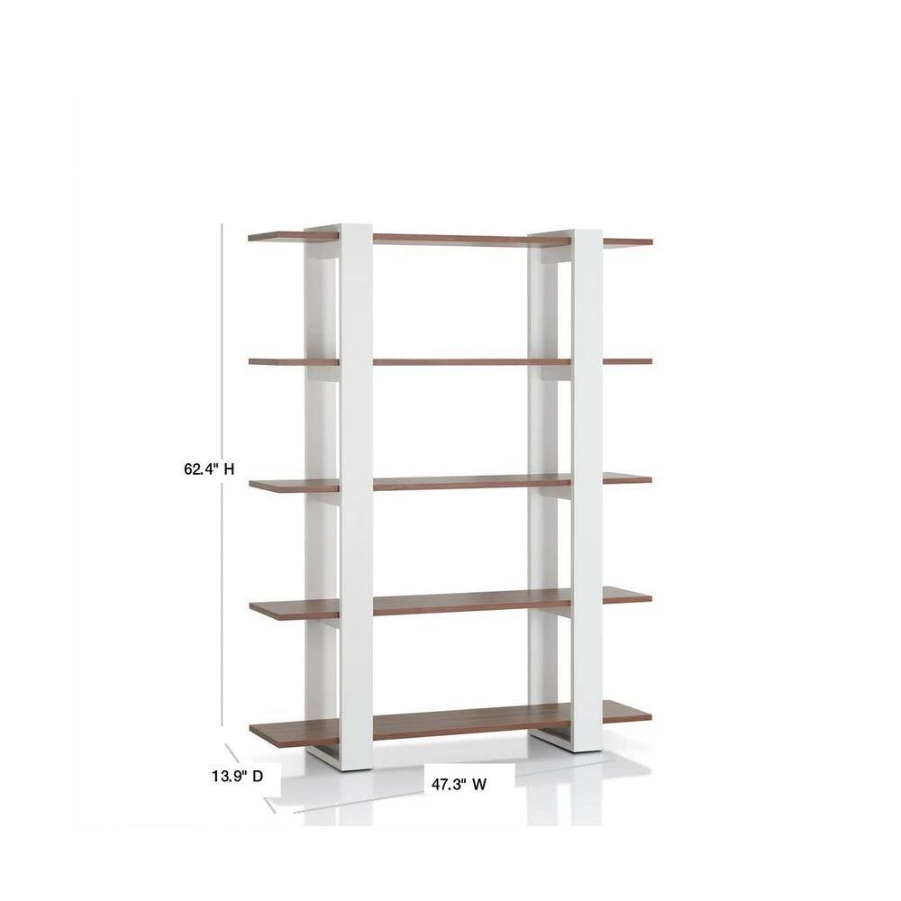 62.4 in. White/Walnut Wood 5-shelf Etagere Bookcase with Open Back by Furniture of America 2 62.4 in. White/Walnut Wood 5-shelf Etagere Bookcase with Open Back by Furniture of America - Image 2