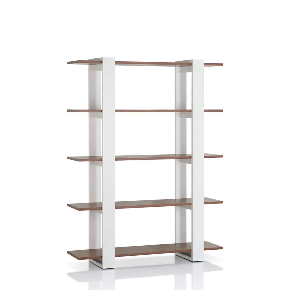 62.4 in. White/Walnut Wood 5-shelf Etagere Bookcase with Open Back by Furniture of America 1 62.4 in. White/Walnut Wood 5-shelf Etagere Bookcase with Open Back by Furniture of America