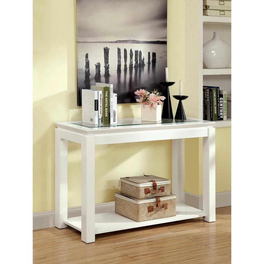Abbotsburg 48 in. White Rectangle Glass Top Console Table with 1-Shelf by Furniture of America 3 Abbotsburg 48 in. White Rectangle Glass Top Console Table with 1-Shelf by Furniture of America - Image 3