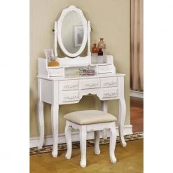 Zehner 2-Piece White Oval Mirror Vanity Set by Furniture of America -Furniture of America Sales Store white furniture of america makeup vanities idf dk6845wh 31 1000