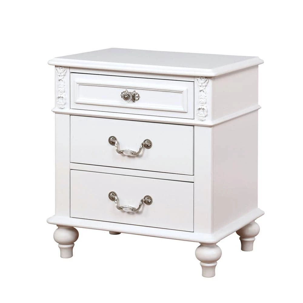 Fritza 3-Drawer White Nightstand (27 in. H x 24 in. W x 16 in. D) by Furniture of America 1 Fritza 3-Drawer White Nightstand (27 in. H x 24 in. W x 16 in. D) by Furniture of America
