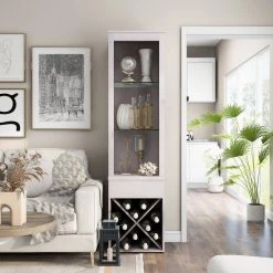 Shane White Oak Curio Cabinet with Drawer and LED Lights by Furniture of America -Furniture of America Sales Store white oak furniture of america display cabinets idi 202797 77 1000