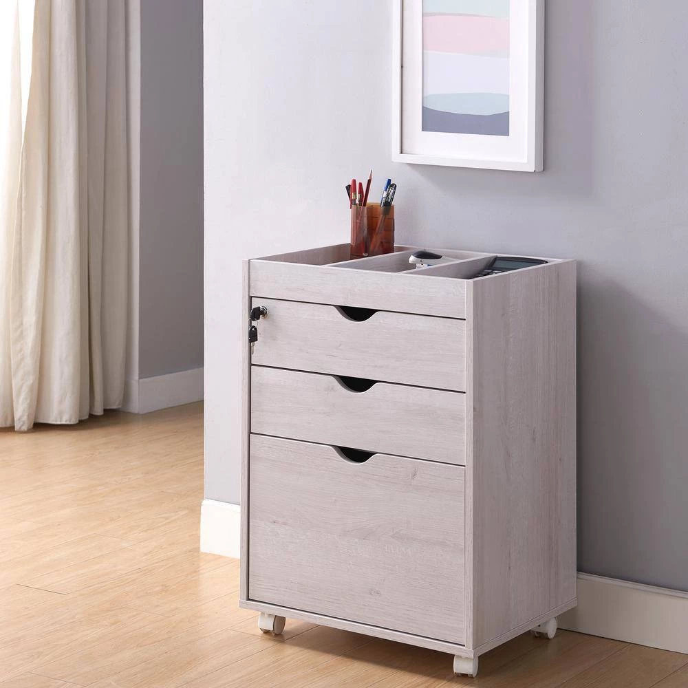 Sabant White Oak Mobile Decorative Vertical File Cabinet With Locking Drawers by Furniture of America 4 Sabant White Oak Mobile Decorative Vertical File Cabinet With Locking Drawers by Furniture of America - Image 4