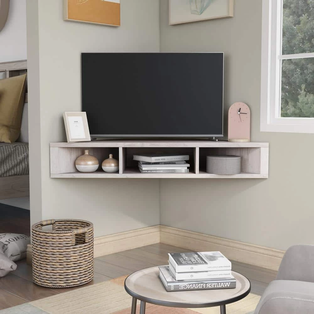 Emmeline 46.5 in. White Oak Floating TV Stand Fits TV up to 53 in. with 3-Cubby by Furniture of America 4 Emmeline 46.5 in. White Oak Floating TV Stand Fits TV up to 53 in. with 3-Cubby by Furniture of America - Image 4